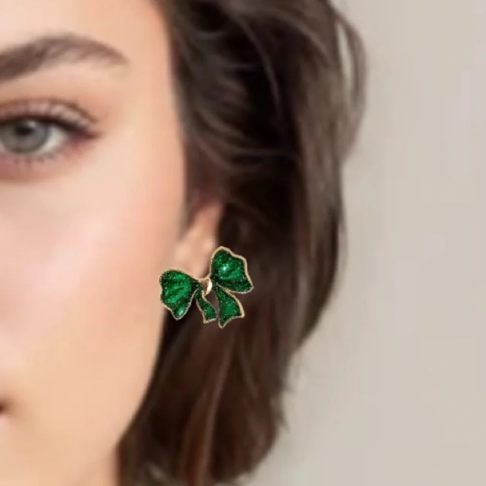 Glittery Bowknot Druzy Emerald Green Gold Stud‎ Earrings St. Patrick’s Day NEW